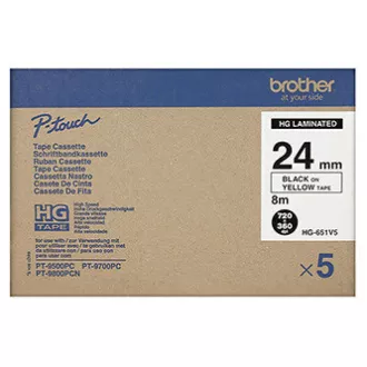 Bandă originală pentru imprimantă de etichete Brother, Brother, HGE-651, imprimare neagră/fond galben, 8m, 24mm, 5 bucăți într-un pachet, preț per pachet
