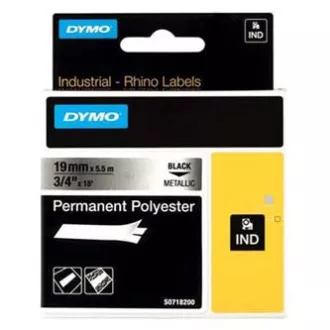 Bandă Dymo originală pentru imprimantă de etichete, Dymo, 18487, imprimare neagră/bază metalică, 5,5 m, 19 mm, poliester permanent RHINO D