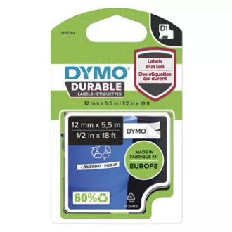Bandă Dymo originală pentru imprimantă de etichete, Dymo, 1978364, imprimare neagră/fond alb, 5,5 m, 12 mm, D1, vinil permanent