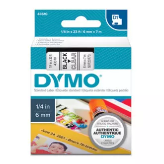 Bandă Dymo originală pentru imprimantă de etichete, Dymo, 43610, S0720770, imprimare neagră/bază transparentă, 7m, 6mm, D1 Bandă Dymo originală pentru imprimantă de etichete, Dymo, 43610, S0720770, imprimare neagră/bază transparentă, 7m, 6mm, D1