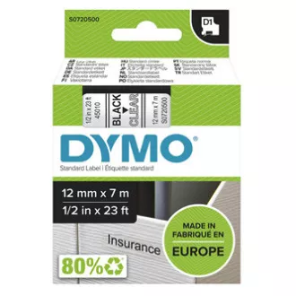 Bandă Dymo originală pentru imprimantă de etichete, Dymo, 45010, S0720500, imprimare neagră/bază transparentă, 7m, 12mm, D1