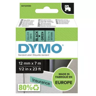 Bandă Dymo originală pentru imprimantă de etichete, Dymo, 45019, S0720590, imprimare neagră/fond verde, 7m, 12mm, D1