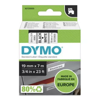 Bandă Dymo originală pentru imprimantă de etichete, Dymo, 45803, S0720830, imprimare neagră/fond alb, 7m, 19mm, D1