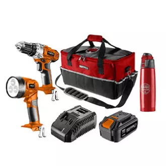Set de scule, baterie, 04-600-M4K, burghiu/lanterna/acumulator/incarcator/sticla/punga, 18V, 6 piese, Neo Tools