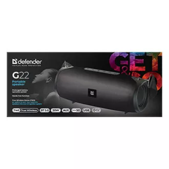 Difuzor Defender G22, Li-Ion, 2.0, 20W, negru, control volum, BT 5.0, TWS, radiatoare laterale pasive, 40Hz~20kHz