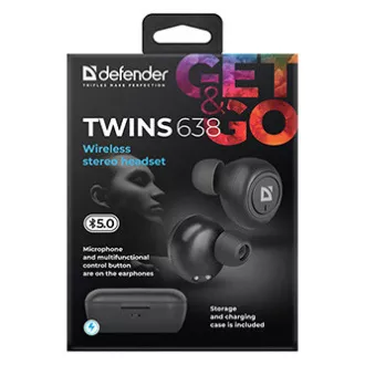 Căști Defender Twins 638 cu microfon, wireless, negre, intraauriculare, BT 5.0, TWS, carcasă de încărcare tip Bluetooth, REDUCERE