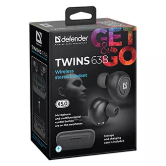 Căști Defender Twins 638 cu microfon, wireless, negre, intraauriculare, BT 5.0, TWS, carcasă de încărcare tip Bluetooth, REDUCERE