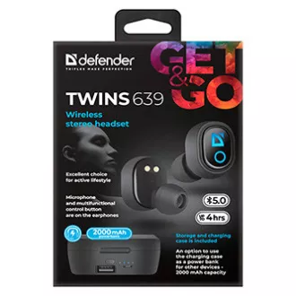 Căști Defender Twins 639 cu microfon, wireless, negre, intraauriculare, BT 5.0, TWS, carcasă de încărcare cu baterie externă, tip Bluetooth,