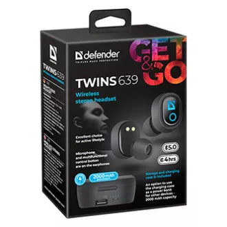 Căști Defender Twins 639 cu microfon, wireless, negre, intraauriculare, BT 5.0, TWS, carcasă de încărcare cu baterie externă, tip Bluetooth,