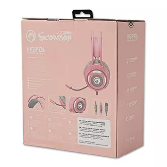 Căști Marvo HG8936 cu microfon, cu fir, roz, iluminate din spate, mufă de 3,5 mm + USB