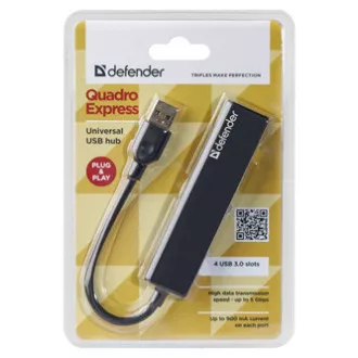 HUB USB (3.0) cu 4 porturi, Quadro Express, negru, Defender, compact.
