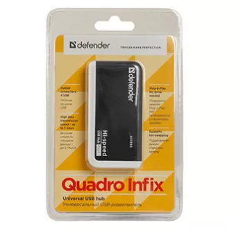 Hub USB (2.0) cu 4 porturi, Quadro Infix, negru-gri, Defender, indicator LED, compact.