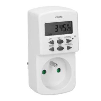 Priza cu timer electronic Mini 230V, 50Hz, max 1800W, alb, Virone, timer, 10 programe, 2P+Z