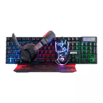 Set tastatură Marvo CM409 EN cu fir (USB) SUA, negru cu mouse de gaming, pad și căști, gaming, iluminare din spate cu membrană