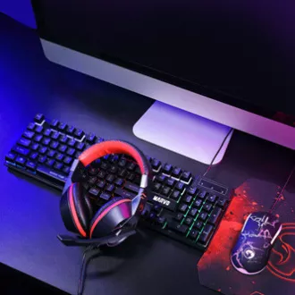 Set tastatură Marvo CM409 EN cu fir (USB) SUA, negru cu mouse de gaming, pad și căști, gaming, iluminare din spate cu membrană