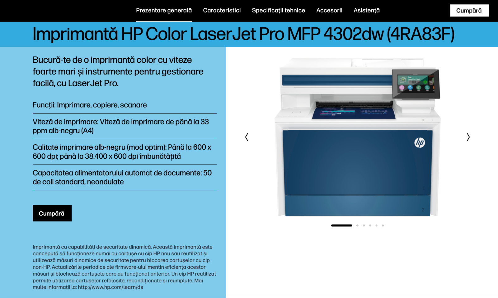 Screenshot al paginii de produs a imprimantei HP Color LaserJet Pro MFP 4302dw cu fraza filtrată "securitate dinamică"