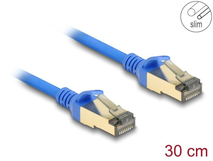 Delock Cablu de rețea RJ45, Cat.8.1, F/FTP, subțire, 0,3 m, albastru