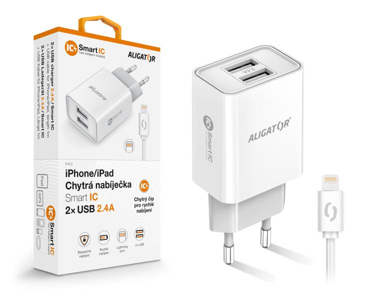 Încărcător de rețea inteligent ALIGATOR 2.4A, 2xUSB, smart IC, alb, cablu USB pentru iPhone/iPad