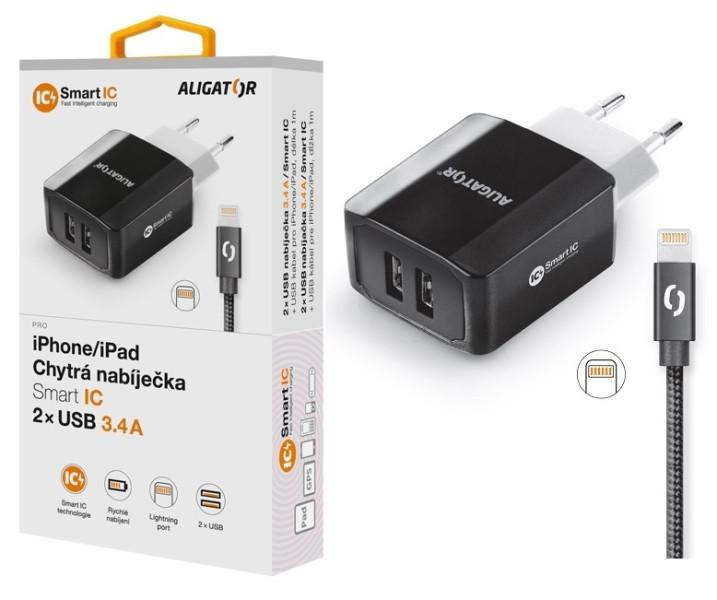 Încărcător de rețea inteligent ALIGATOR 3.4A, 2xUSB, smart IC, negru, cablu pentru iPhone/iPad 2A