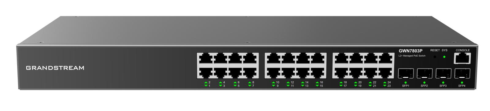 Switch de rețea Grandstream GWN7803P L2+ PoE, administrat, 24 porturi RJ45 de 1 GB, 4 porturi SFP, DHCP, QoS, VLAN