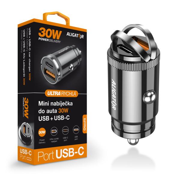 Mini încărcător auto Aligator Power Delivery 30W, USB-C + USB-A