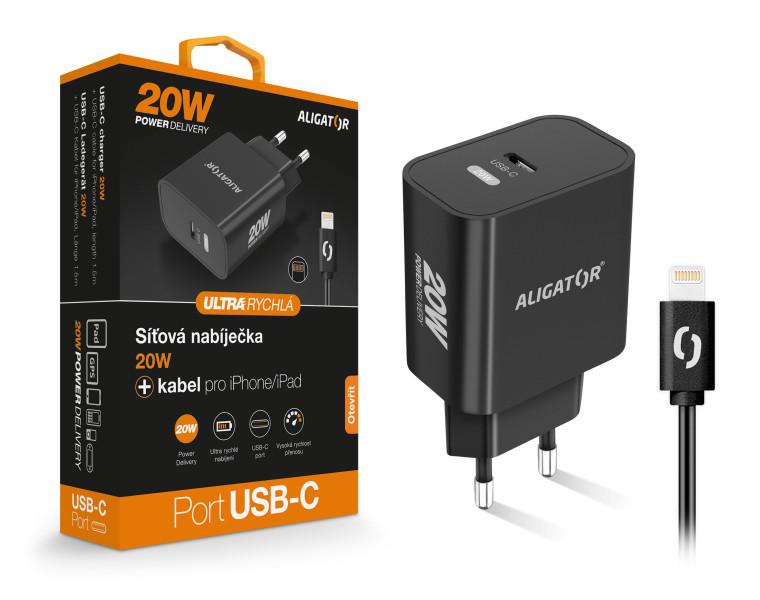 Încărcător de rețea inteligent ALIGATOR Power Delivery 20W, cablu USB-C pentru iPhone/iPad, negru