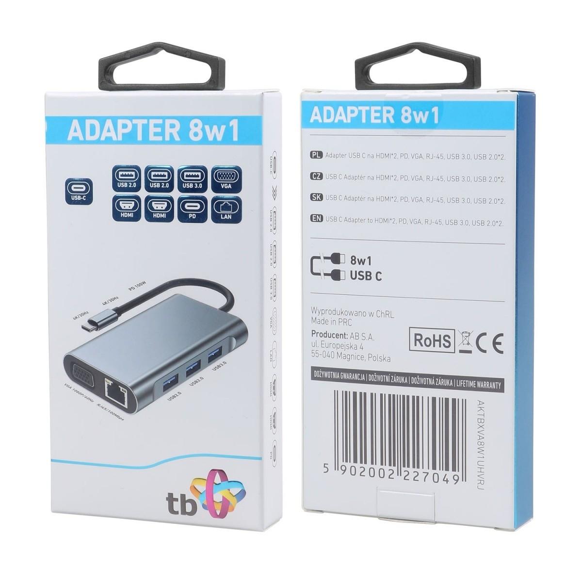 TB Touch USB C 8 în 1 - HDMI 2x, USB, VGA, RJ45, PD