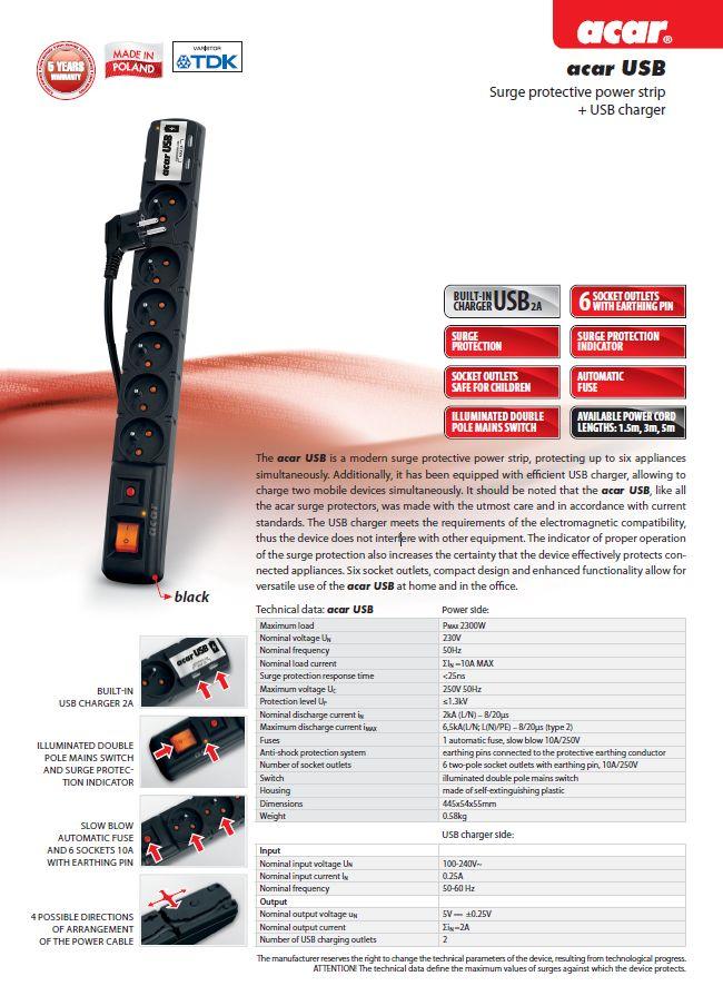 Cablu USB Acar 3m 6 prize 2xAdaptor USB negru