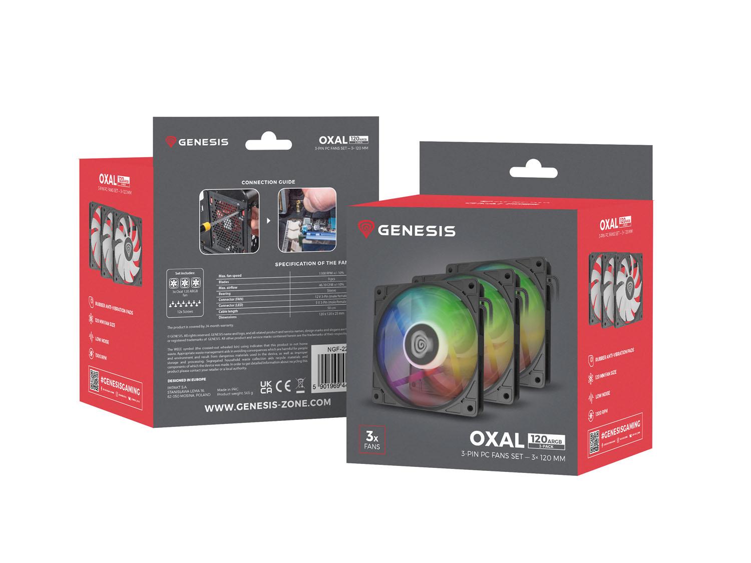 Ventilator Genesis OXAL 120 ARGB, pachet de 3, negru