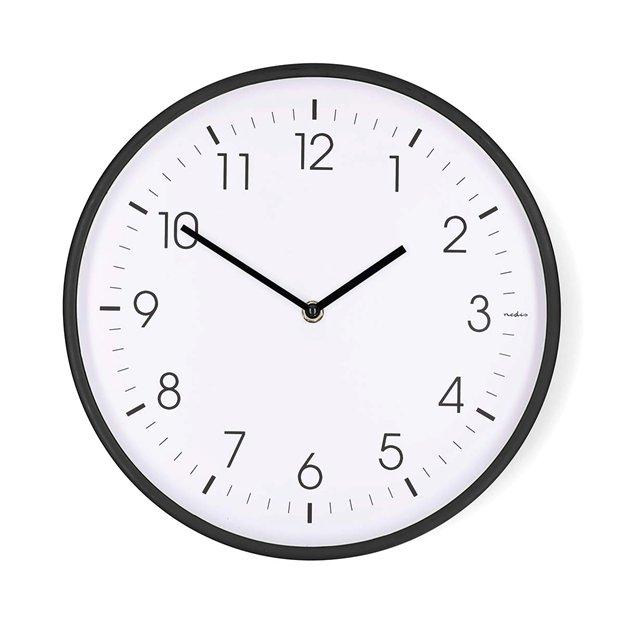 Nedis CLWA1226BK - Ceas de perete | Diametru: 300 mm | Plastic | Mecanism silențios | Negru