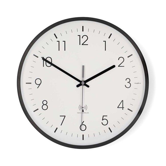 Nedis CLWA6226BK - Ceas de perete | Diametru: 300 mm | Plastic | Timp radiocomandat | Mecanism silențios | Alb / Negru