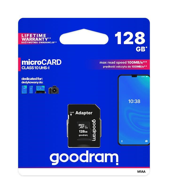 Placă GOODRAM MicroSDXC 128GB M1AA, UHS-I Clasa 10, U1 + adaptor