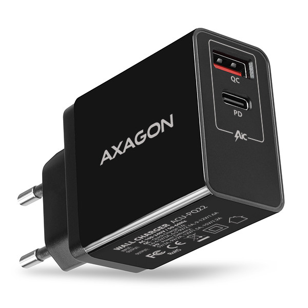AXAGON ACU-PQ22, încărcător de rețea PD & QC 22W, 2x porturi (USB-A + USB-C), PD3.0 / QC3.0 / AFC / FCP / Apple, negru