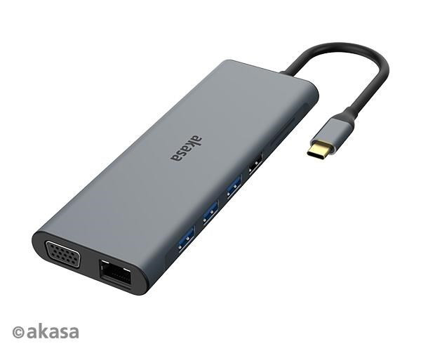 AKASA Docking station USB-C 14in1, USB-C (putere + date), USB 2.0, 2xHDMI, VGA, RJ45, USB 3.2, cititor de carduri, 3, mufă de 5 mm