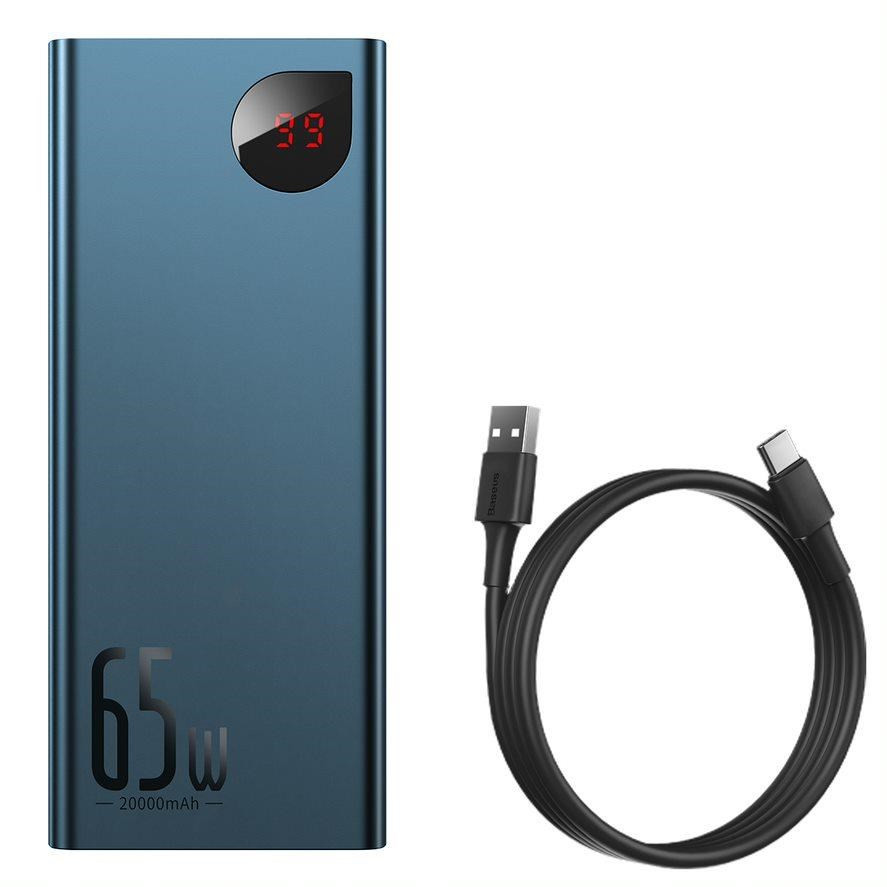 Baseus Adaman Metal Power Bank cu afișaj digital QC PD 20000mAh 65W, albastru cablu USB-A/USB-C 30cm, negru